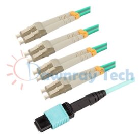 Cordón de parcheo de fibra óptica de fanout Multimodo MPO 8-fibra 10m (32.81pies) OM3 hembra/MPO/UPC-4x LC dúplex/UPC 50/125μm LSZH 3.0mm